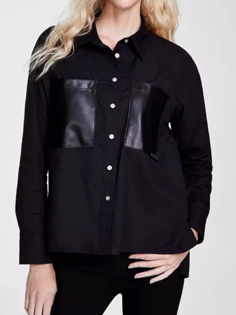 DKNY Jeans Women's Faux-Leather-Pocket High-Low Shirt Size XXS NWOT